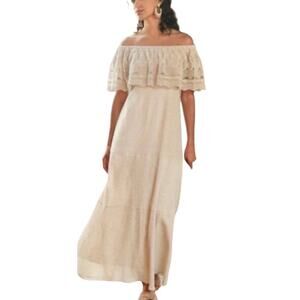 Soft Surroundings Brittsomar Linen Off The Shoulder Maxi Dress Crochet Lace Sz L